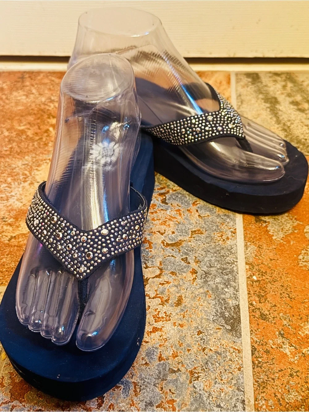 Like New Yellow Box Navy Blue Wedge Rhinestone Sandals! - Picture 2 of 15